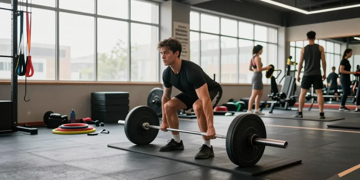 Anabolika Shop Deutschland zeigt einen engagierten Fitnessbegeisterten beim Kreuzheben in einem lebhaften Fitnessstudio, umgeben von Trainingsgeräten, und verkörpert Stärke und Disziplin.
