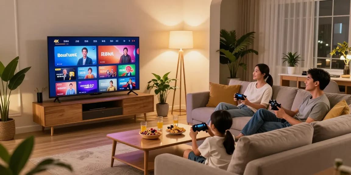 Enjoy IPTV streaming in high-quality 4K in a cozy living room setting with a family.
