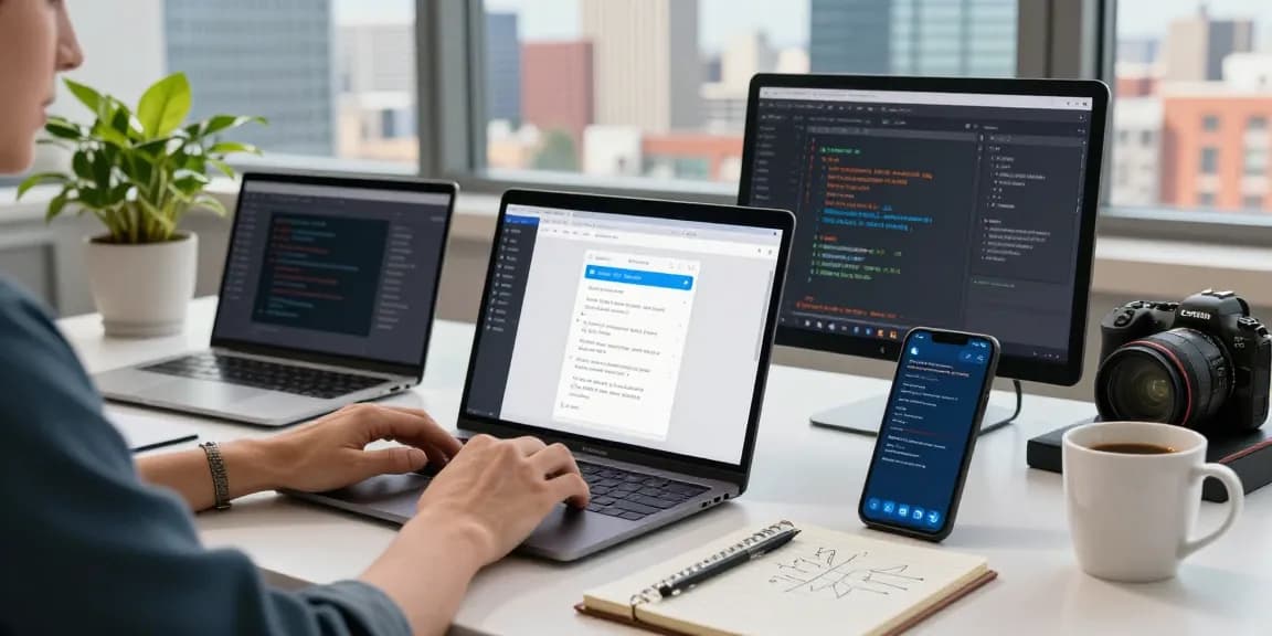 Experience effortless Telegram下载 on multiple devices in a vibrant tech workspace.