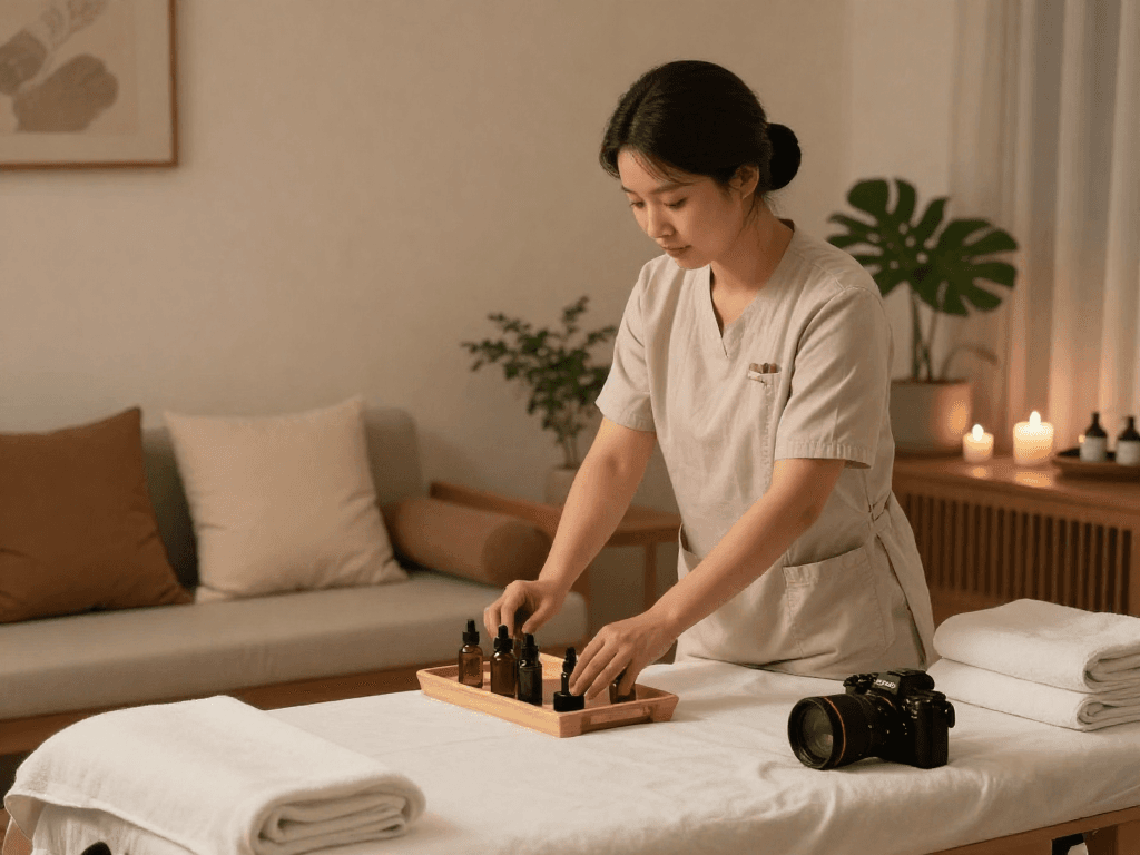 Premium 종로출장안마 scene with a therapist ready for a soothing home massage, showcasing a serene, inviting atmosphere.