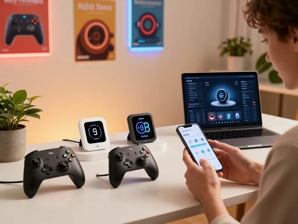 Showcase of latest tech gadgets 2032 including Bluetooth devices in a modern workspace.