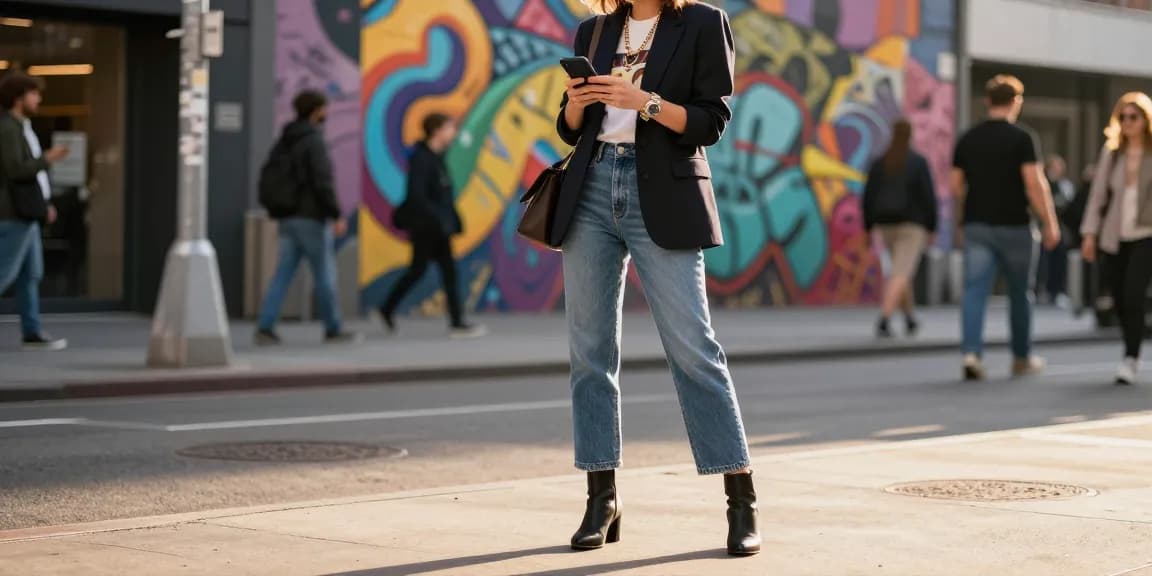 Fashionable individual showcasing modern street style in an urban setting.