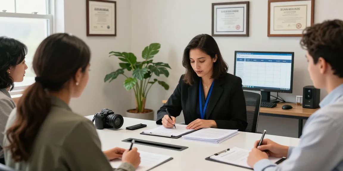 Client consultation with a notary in Brampton, Ontario, in a professional setting showcasing document verification.