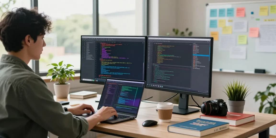 Developer working on Telegram Download in a modern tech workspace with dual monitors and coffee.