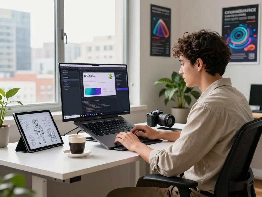 Developer coding on CrushonAI platform in a modern workspace.