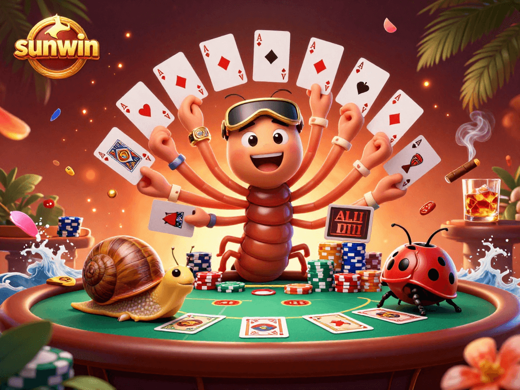 Engage in thrilling games with sunwin's vibrant casino illustration featuring playful dealers and exciting chips.