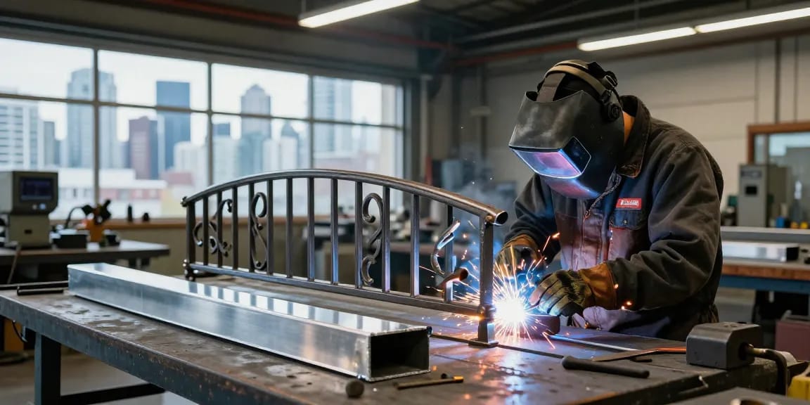 Custom metalwork vancouver scene showcasing skilled metalworker fabricating intricate designs in a vibrant workshop.