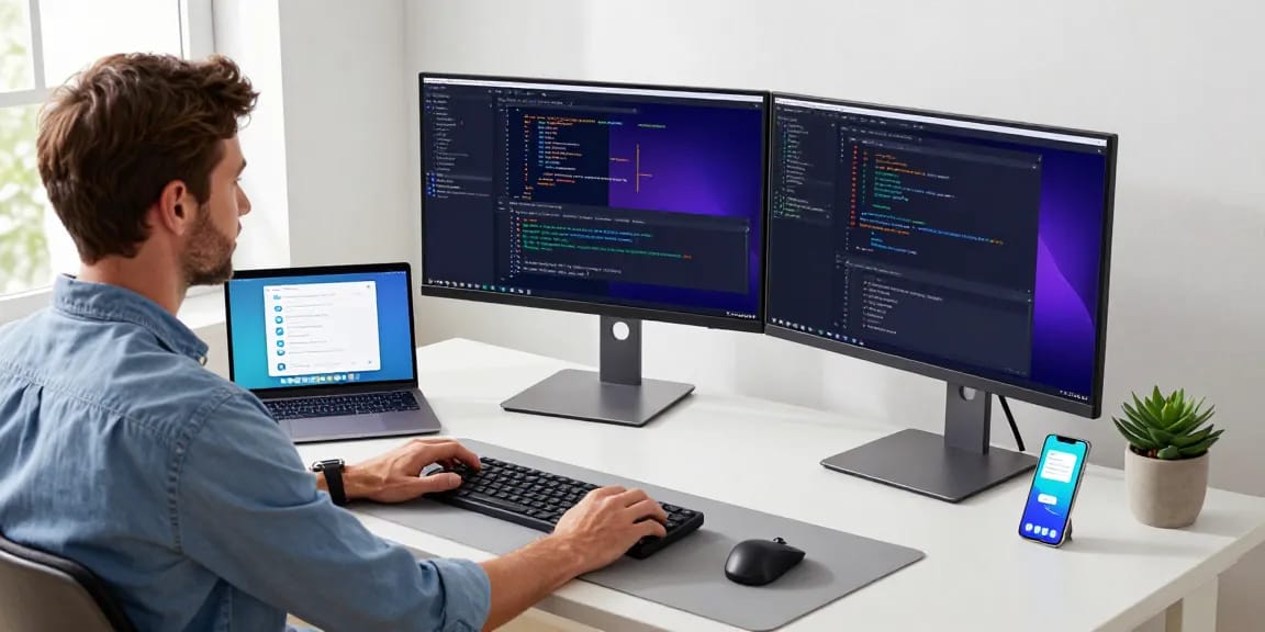 Telegram download showcased in a modern developer workspace with dual monitors and coding interface.