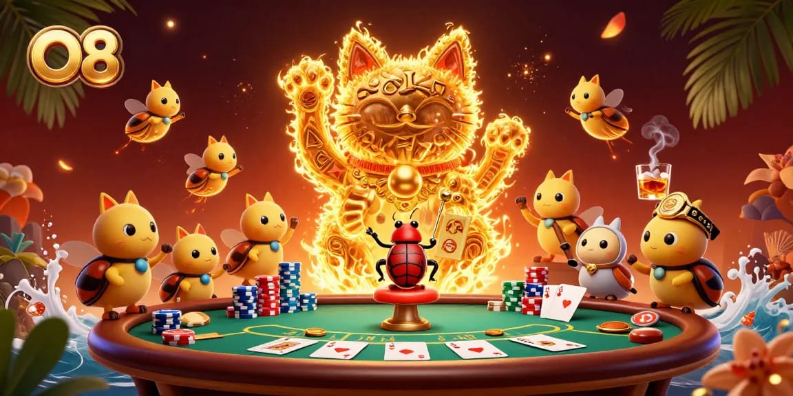 Experience excitement at O8 with a vibrant scene featuring golden fireflies and casino elements.