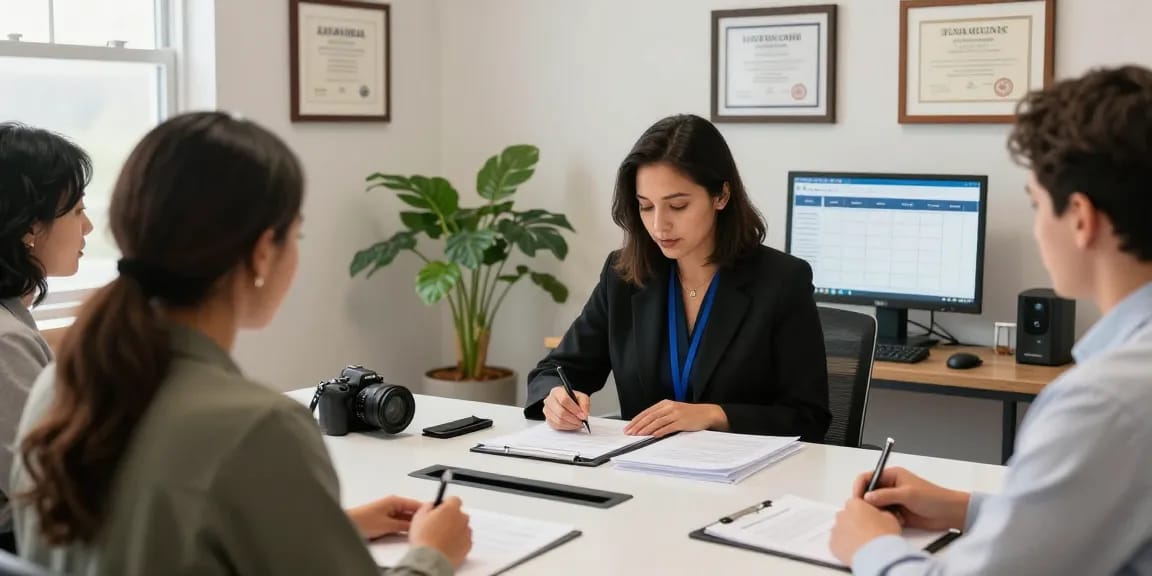 Client consultation with a notary in Brampton, Ontario, in a professional setting showcasing document verification.