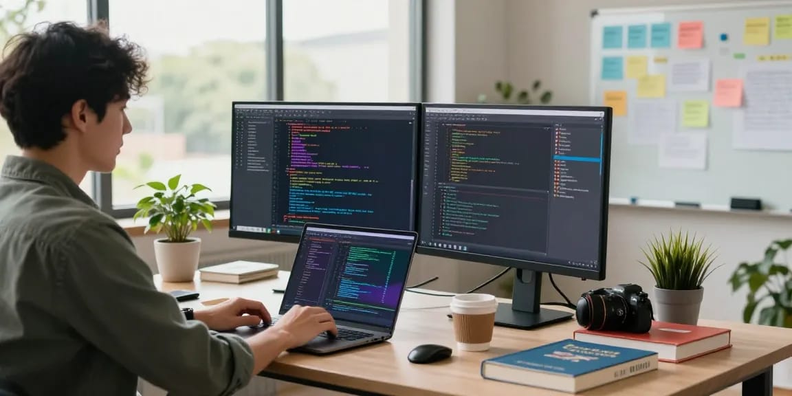 Developer working on Telegram Download in a modern tech workspace with dual monitors and coffee.