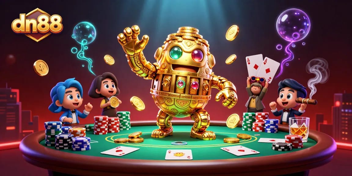 Experience thrilling gameplay at dn88 with an ancient golden golem amidst poker tables.