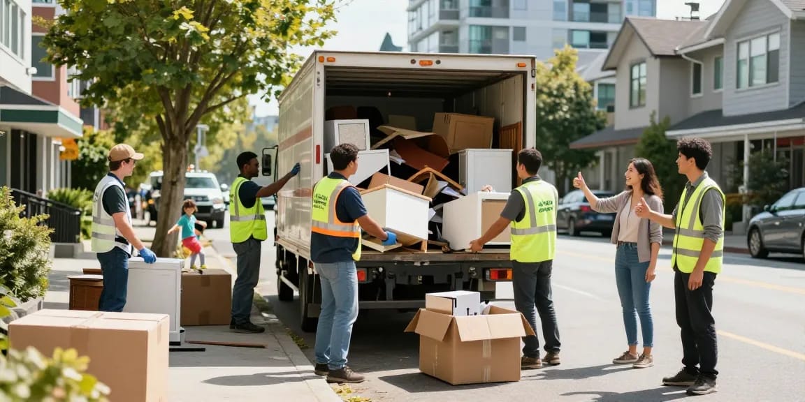 Affordable Junk Removal Vancouver team loading junk into a truck in a sunny urban setting.