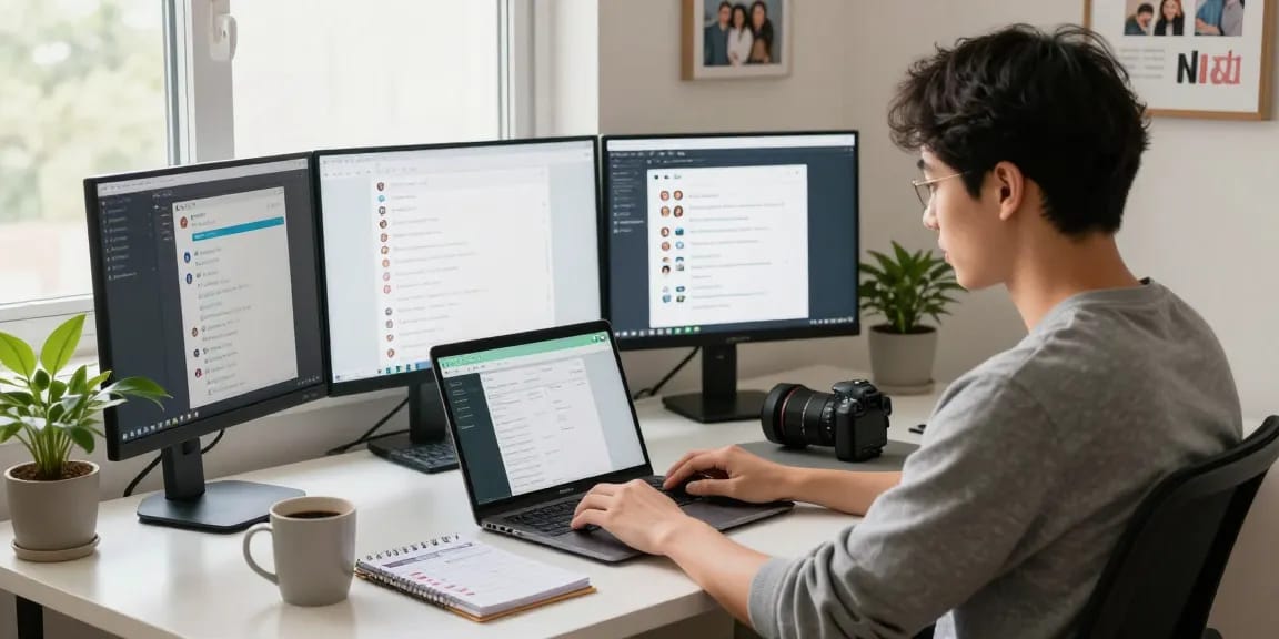 Professional using WhatsApp網頁版 on laptop in a modern home office.