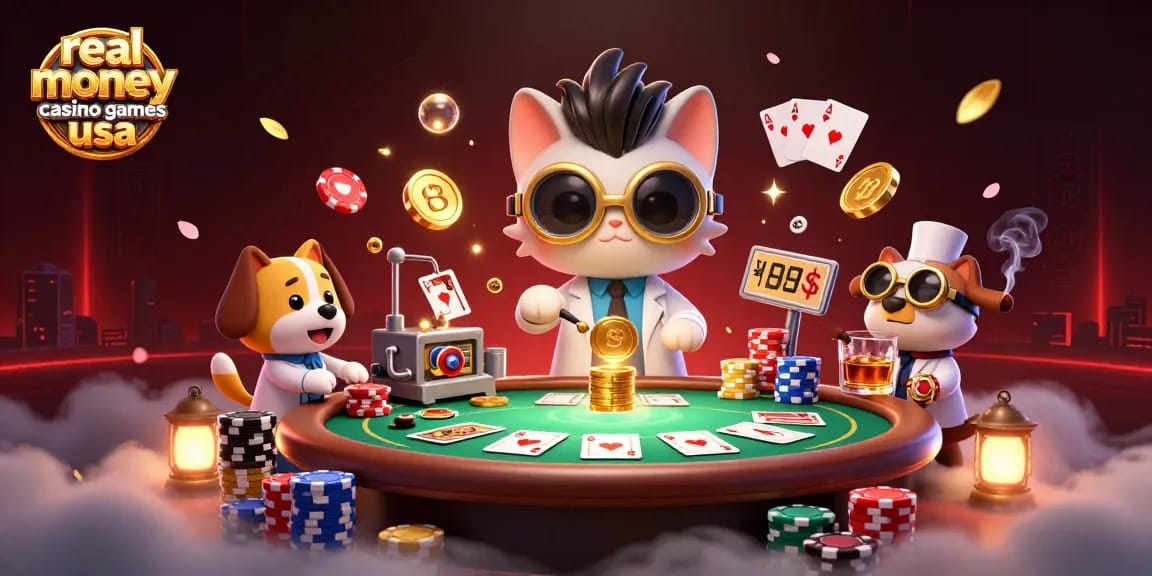Experience real money casino games usa with a mad scientist cat and a loyal dog, amidst poker elements and vibrant casino themes.
