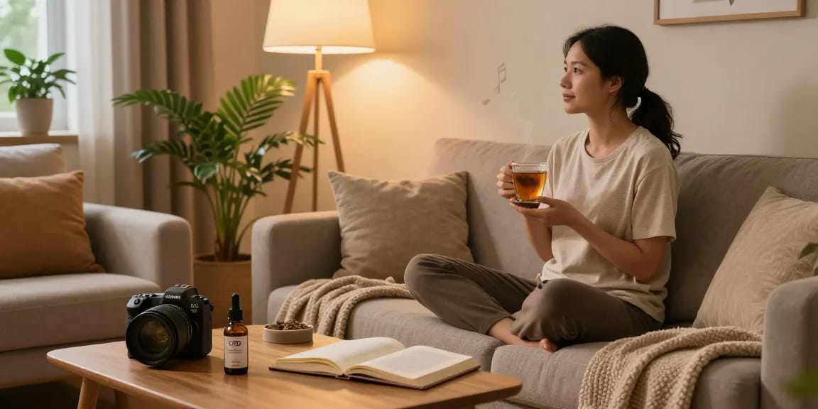 Ministry of Cannabis CBD wellness moment with relaxing herbal tea, natural hemp extracts, and calming environment for evening relaxation.