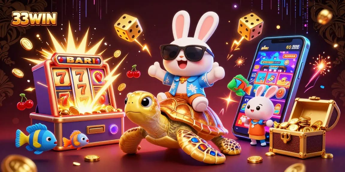 Win big at 33WIN with a colorful scene featuring a lucky rabbit and golden turtle!