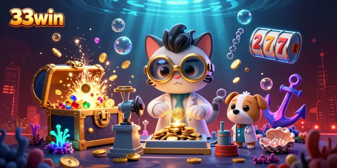 Experience the vibrant gameplay visuals of 33win with cartoon characters in a dynamic casino scene.