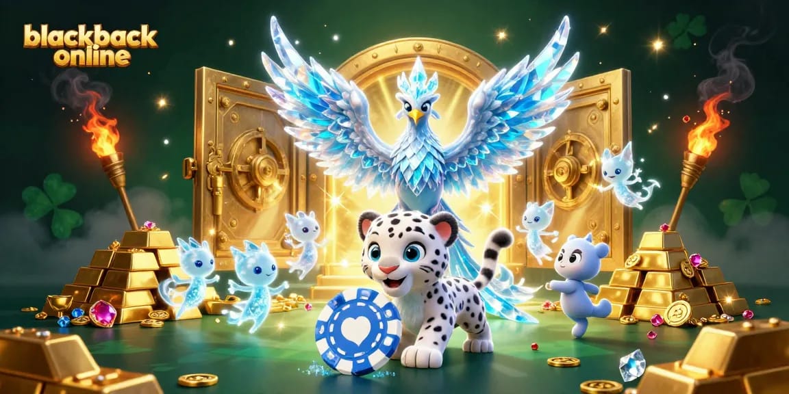 Experience the thrill of blackjack online with a dynamic 3D scene featuring lively characters and rich casino elements.