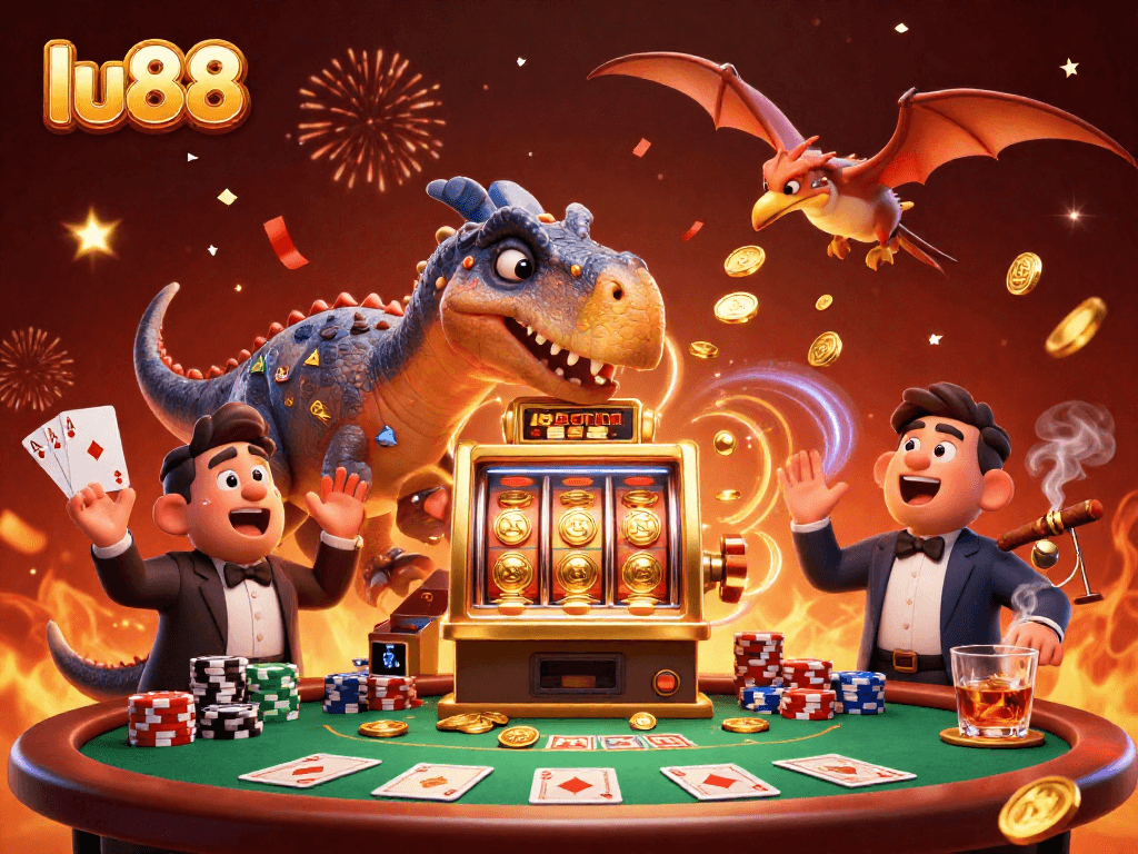 lu88 entertains with a pachycephalosaurus winning jackpot coins from a slot machine