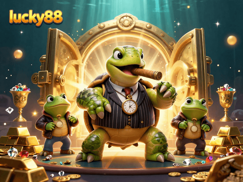 Experience the excitement of lucky88 with a stunning casino scene featuring cartoon characters and vibrant treasures.