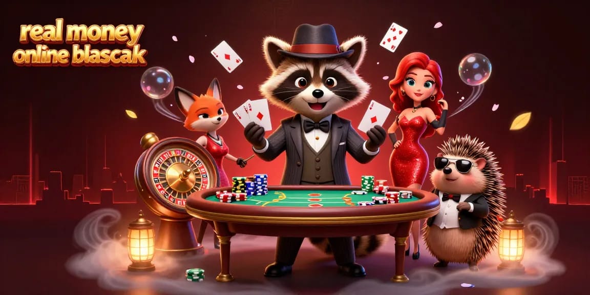 Engage in real money online blackjack with a suave raccoon, charming fox, and a hedgehog bouncer at a vibrant casino.