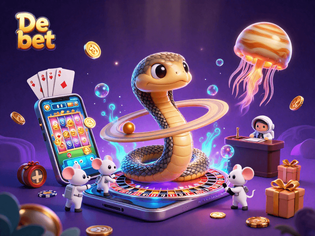Experience excitement at De bet as cartoon astronauts bet on a cosmic roulette wheel amidst casino games.