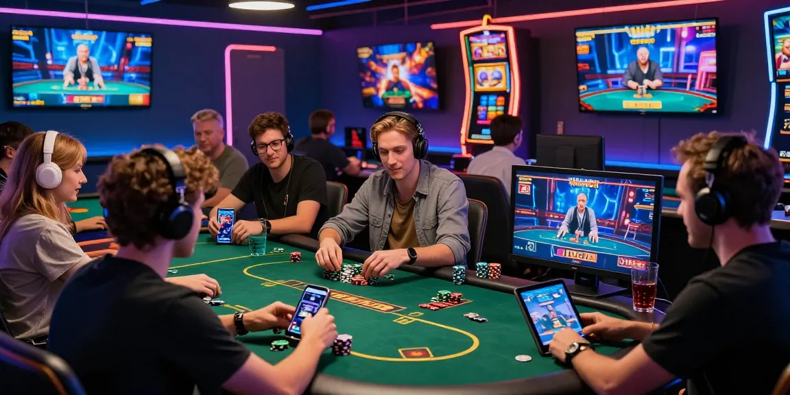 Players enjoying 68gamebai online at a vibrant gaming setup with various games displayed on devices, showcasing an exciting atmosphere.