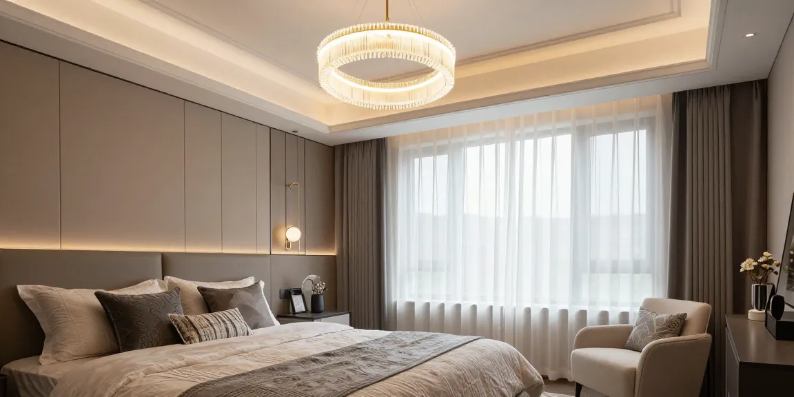 Candelabru dormitor elegant în camera modernă, iluminând atmosfera rafinată.