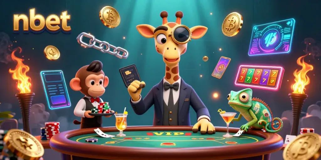 Experience vibrant nbet casino excitement with a high-roller giraffe and its companions at a VIP poker table.