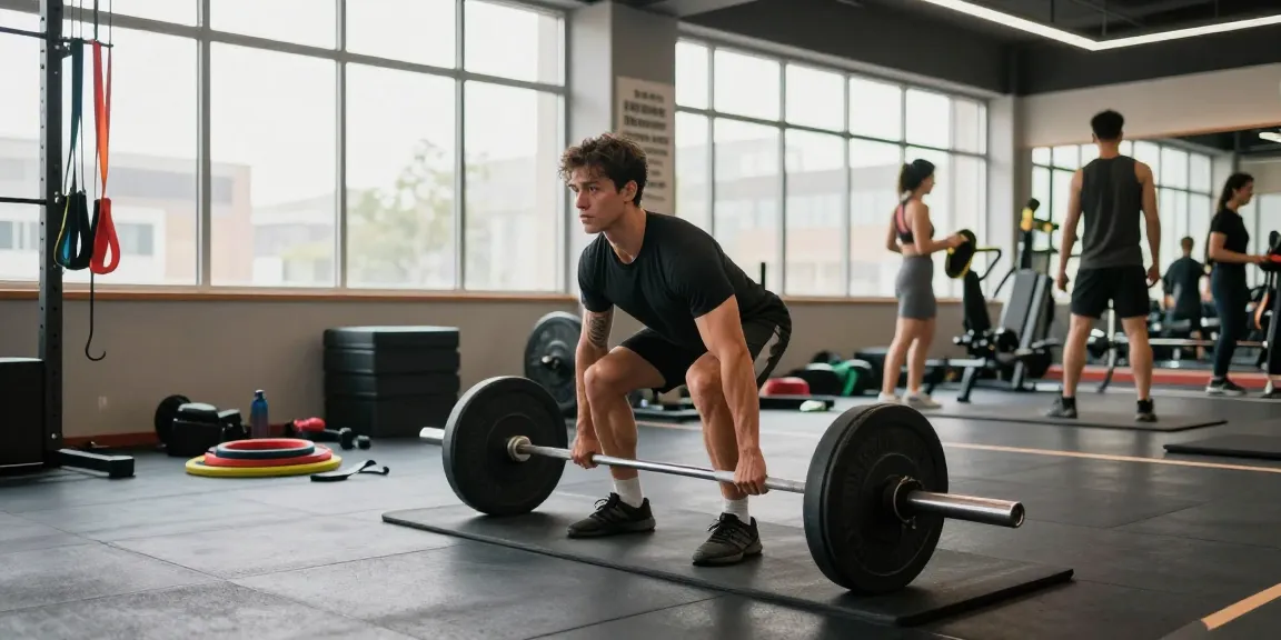 Anabolika Shop Deutschland zeigt einen engagierten Fitnessbegeisterten beim Kreuzheben in einem lebhaften Fitnessstudio, umgeben von Trainingsgeräten, und verkörpert Stärke und Disziplin.