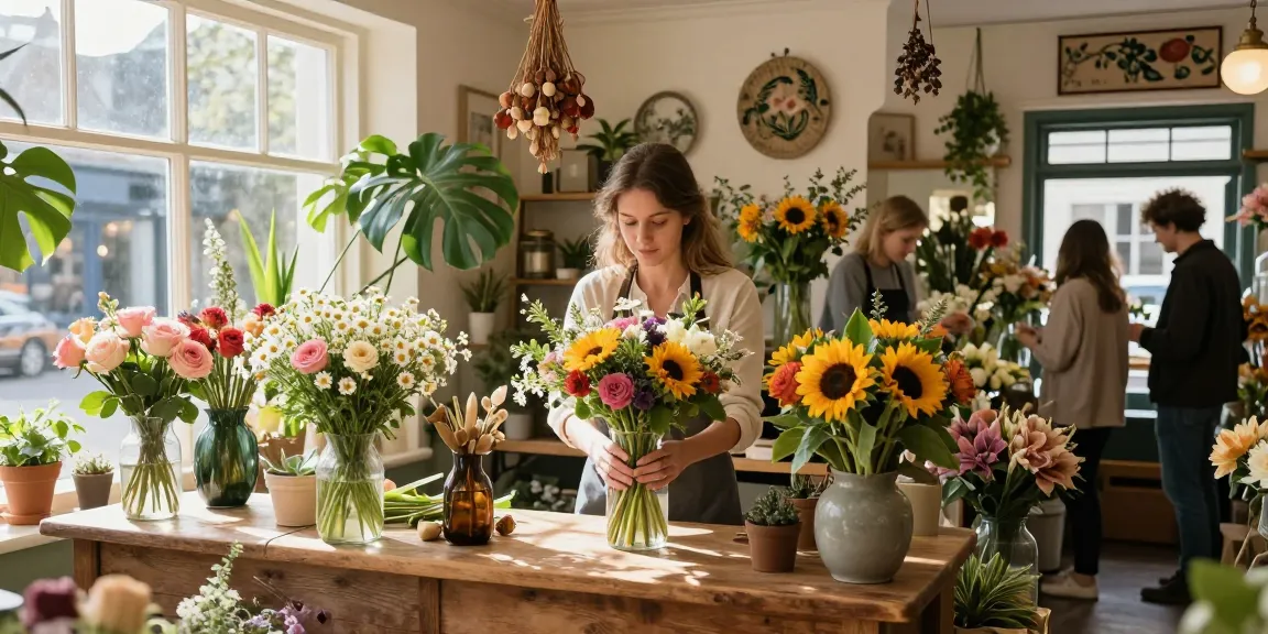 Vibrant arrangement in a flower shop Devon, showcasing fresh seasonal blooms and inviting customer interaction.