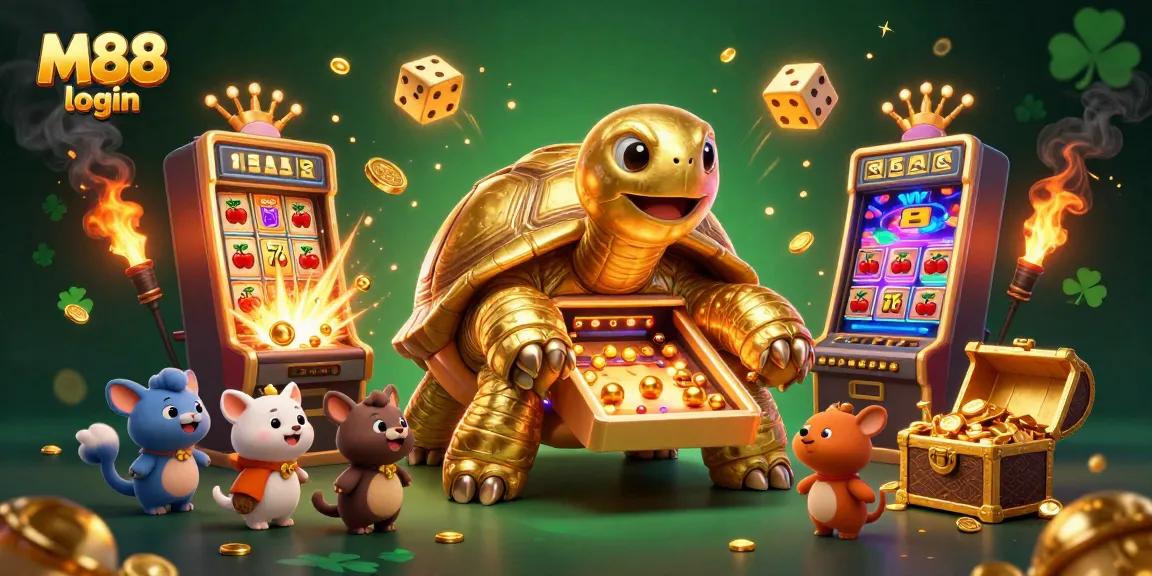 Win at M88 login with a vibrant 3D casino scene featuring a tortoise and jackpot-filled elements.