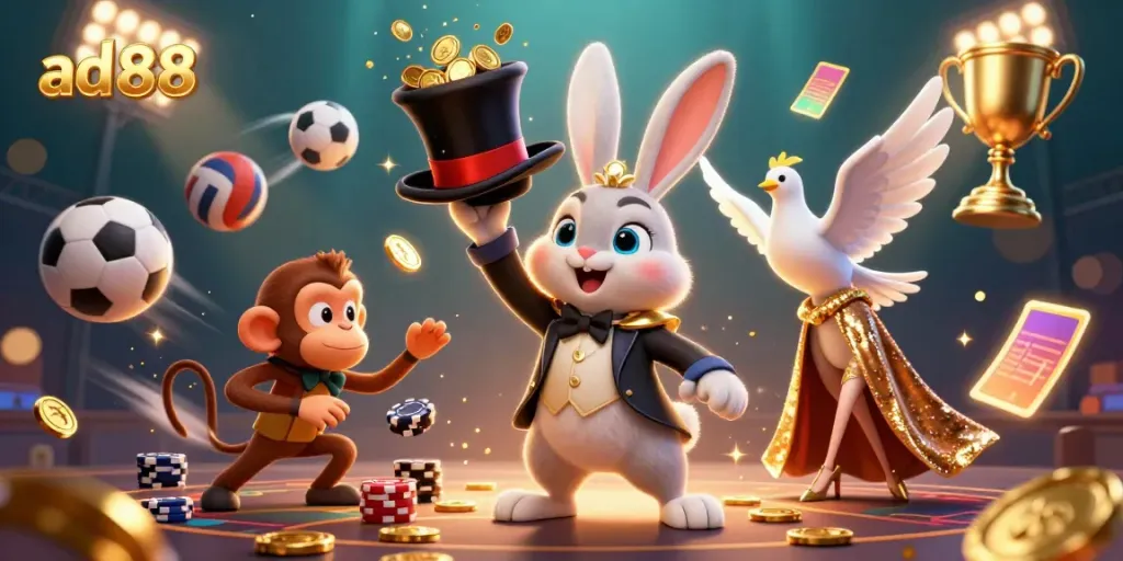 Experience the magic of ad88 casino with a whimsical 3D scene featuring a rabbit magician and his companions.