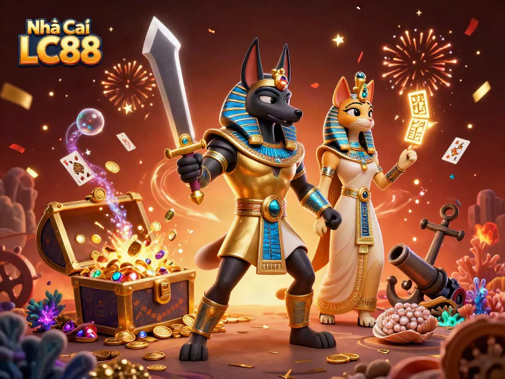 Engaging scene reflecting Nhà Cái LC88 with ancient Egyptian characters surrounded by casino elements and treasure.