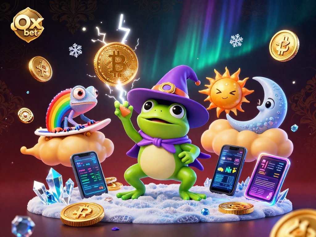 Ox bet showcases a magical storm of golden coins, featuring crypto elements and playful characters.