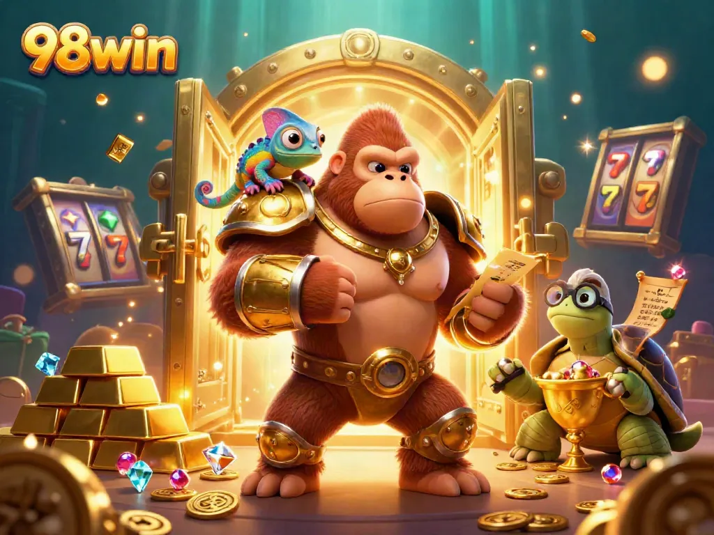 Engage with 98win at a vibrant online casino illustrated scene featuring a gorilla king and a wise tortoise.