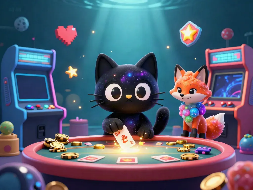Engage with the cosmic gaming experience of tg 88, featuring a captivating 3D cartoon black hole cat and colorful nebula fox surrounded by vibrant casino elements.
