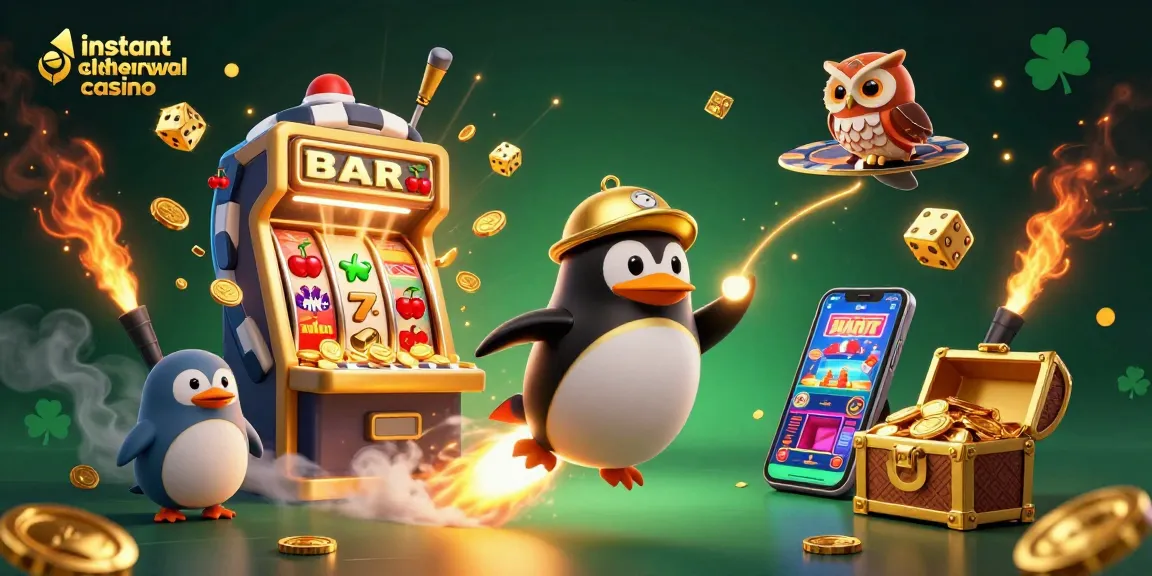 Experience instant withdrawal casino excitement with a rocket-powered penguin blasting towards rewards.