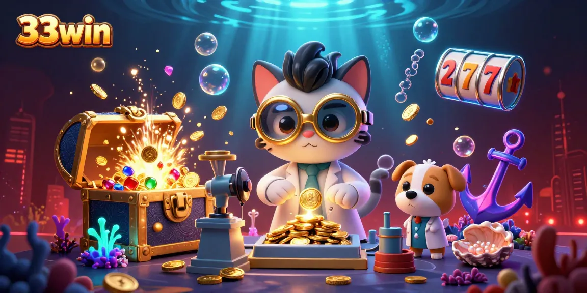 Experience the vibrant gameplay visuals of 33win with cartoon characters in a dynamic casino scene.