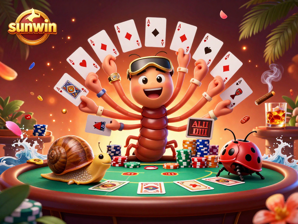 Engage in thrilling games with sunwin's vibrant casino illustration featuring playful dealers and exciting chips.