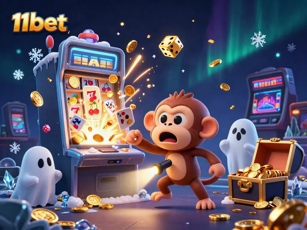 Experience thrilling 11bet casino action with a playful poltergeist and ghost-hunter puppy in an enchanting casino scene.
