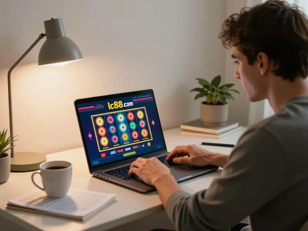 Engaged player using lc88 com for online casino gaming at home, highlighting vibrant slot reels and strategy notes.