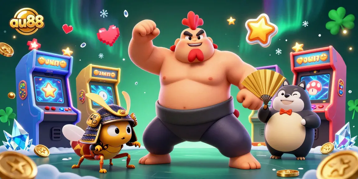 Engage with the animated action featuring au88's vibrant casino scene with sumo, cricket, and tanuki characters.