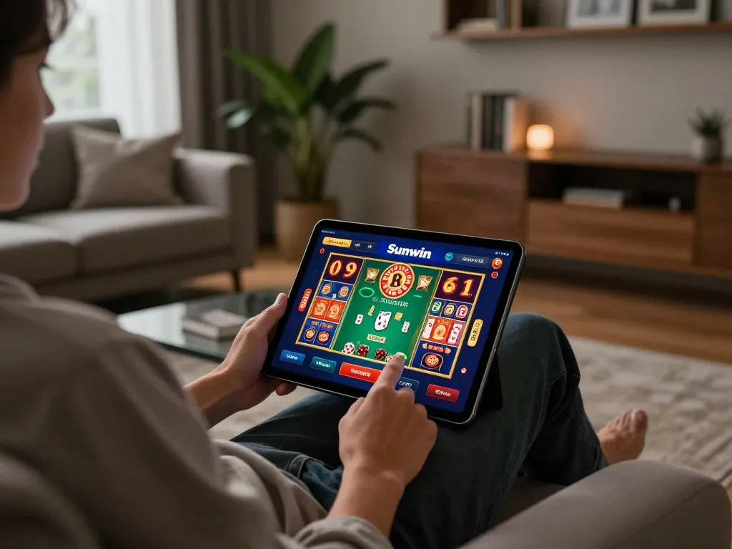 Person engaging with the Sunwin casino app on a tablet in a cozy home setting, emphasizing online gambling.