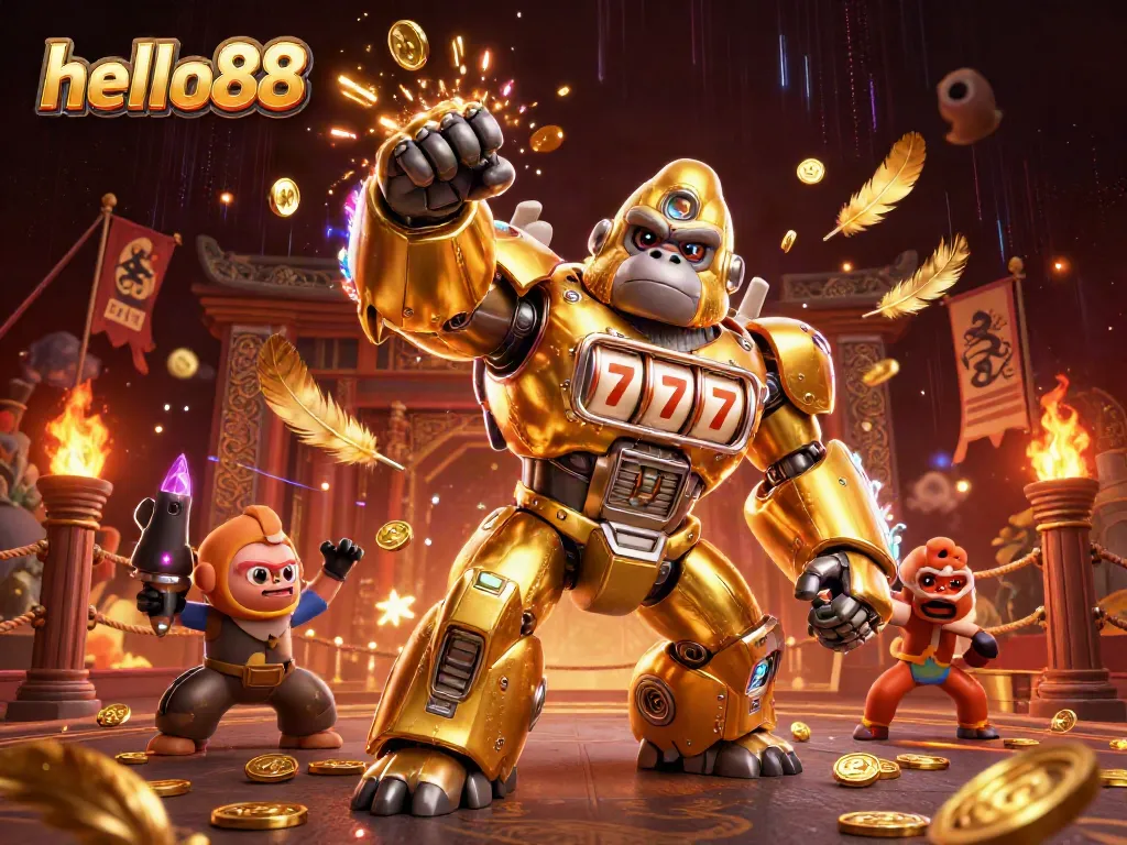 Engage with the thrilling world of hello88 featuring a golden gorilla mech amidst dynamic gambling elements.