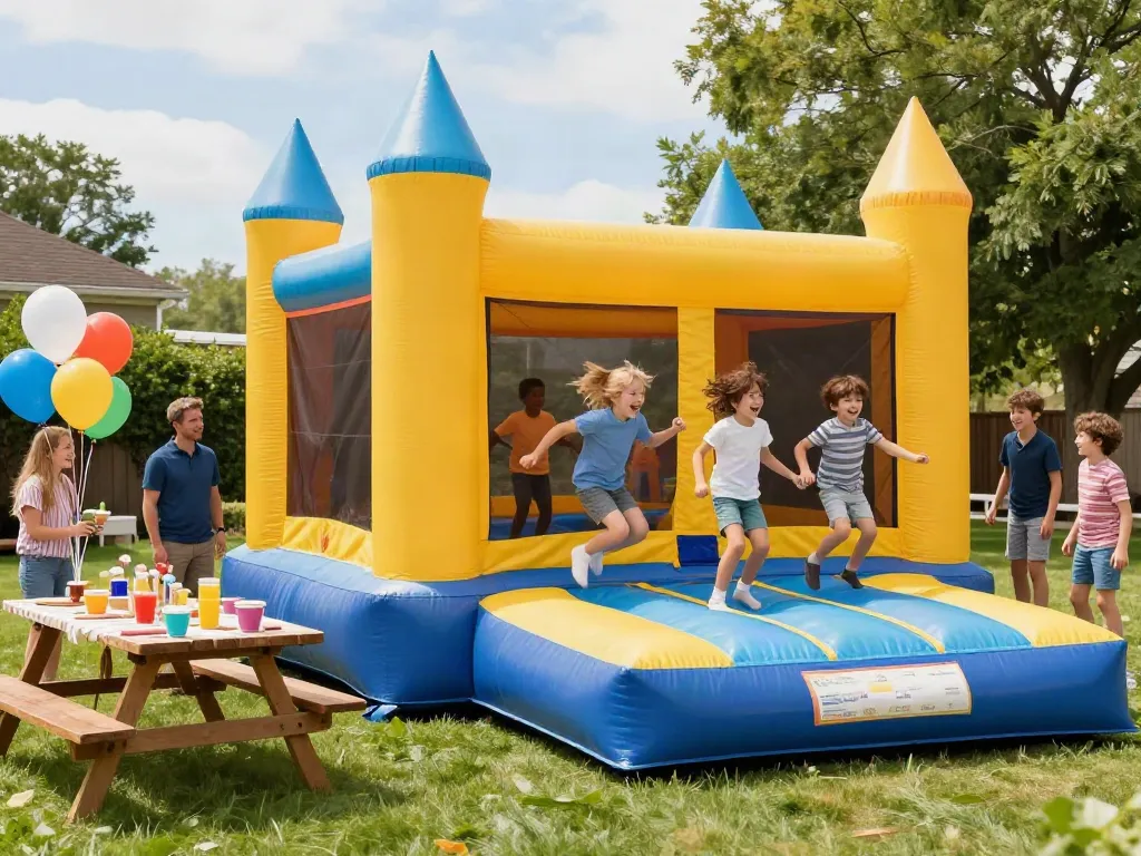Children enjoying a bounce house at a vibrant birthday party, highlighting joyful outdoor fun.