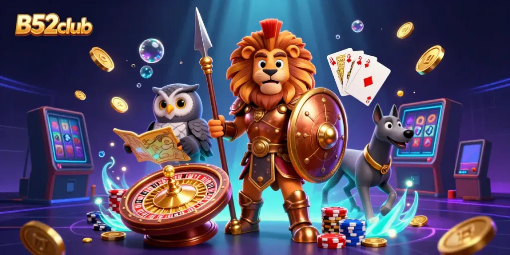 B52club showcases thrilling online gaming with a Spartan lion, owl strategist, and a greyhound messenger amidst vivid casino elements.