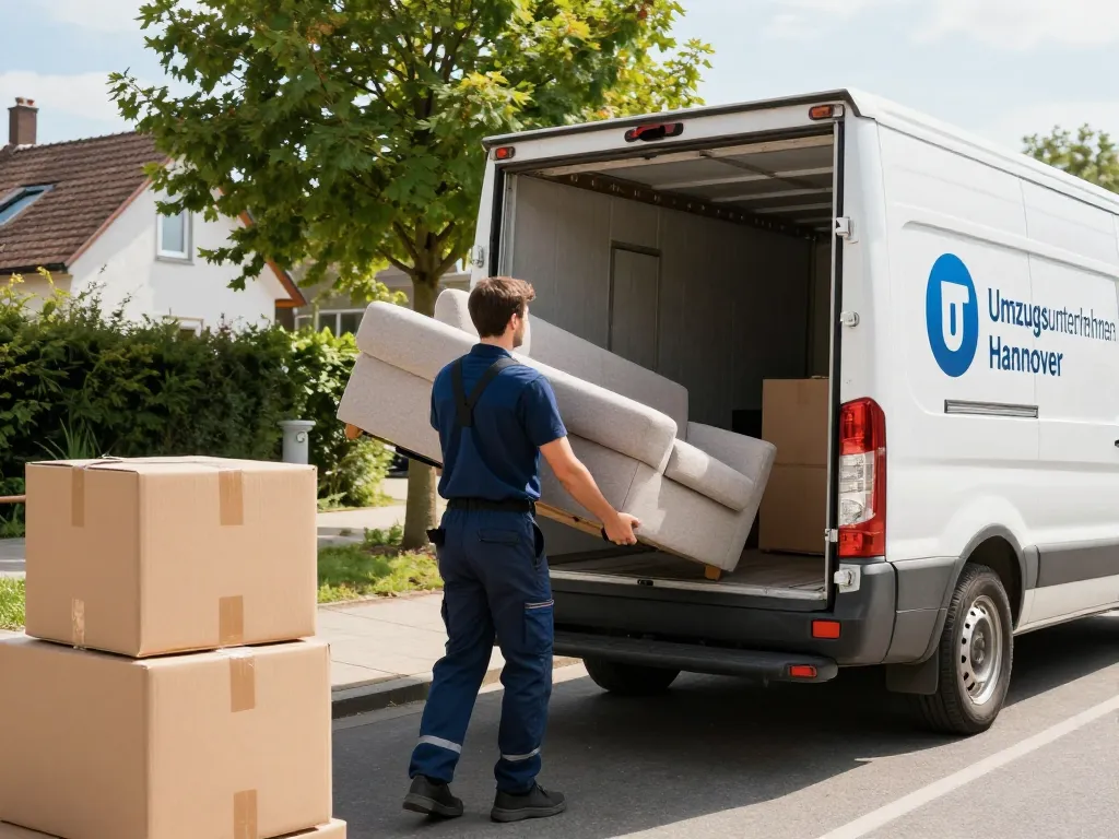 Professionelle Umzugshelfer mit markiertem Lkw, die zuverlässige Umzugsunternehmen Hannover Dienstleistungen an einem stressfreien Umzugstag anbieten.