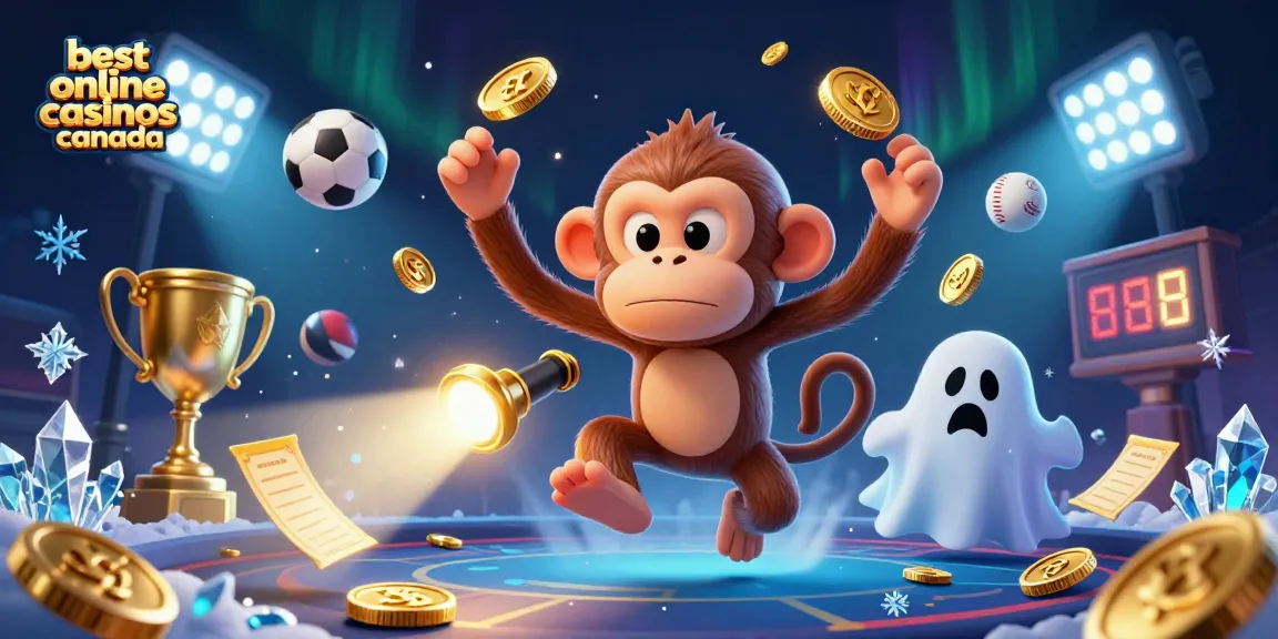 The mischievous poltergeist monkey juggles gold while the curious puppy tracks it in the best online casinos canada scene.